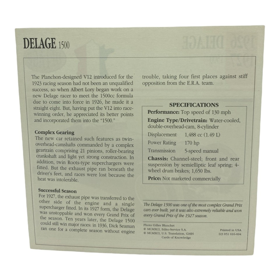 Cars of The World Single Collector Card EditoService 19261927