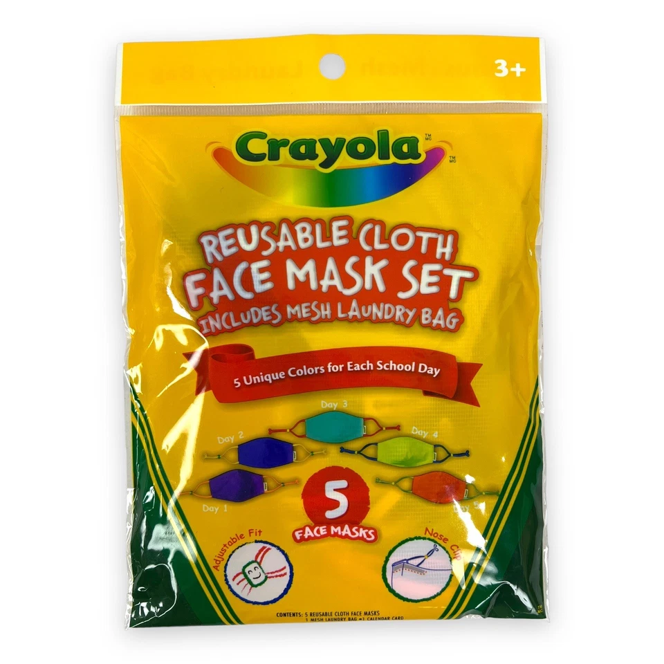 Crayola Juego de 5 mascarillas faciales de tela reutilizables para niños máscaras multicolores y bolsa de lavado de malla Foto 2 de 4