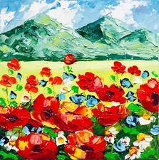 California Poppy Flower Impasto 6 x 6 Mini Painting Original Art Tiny home decor