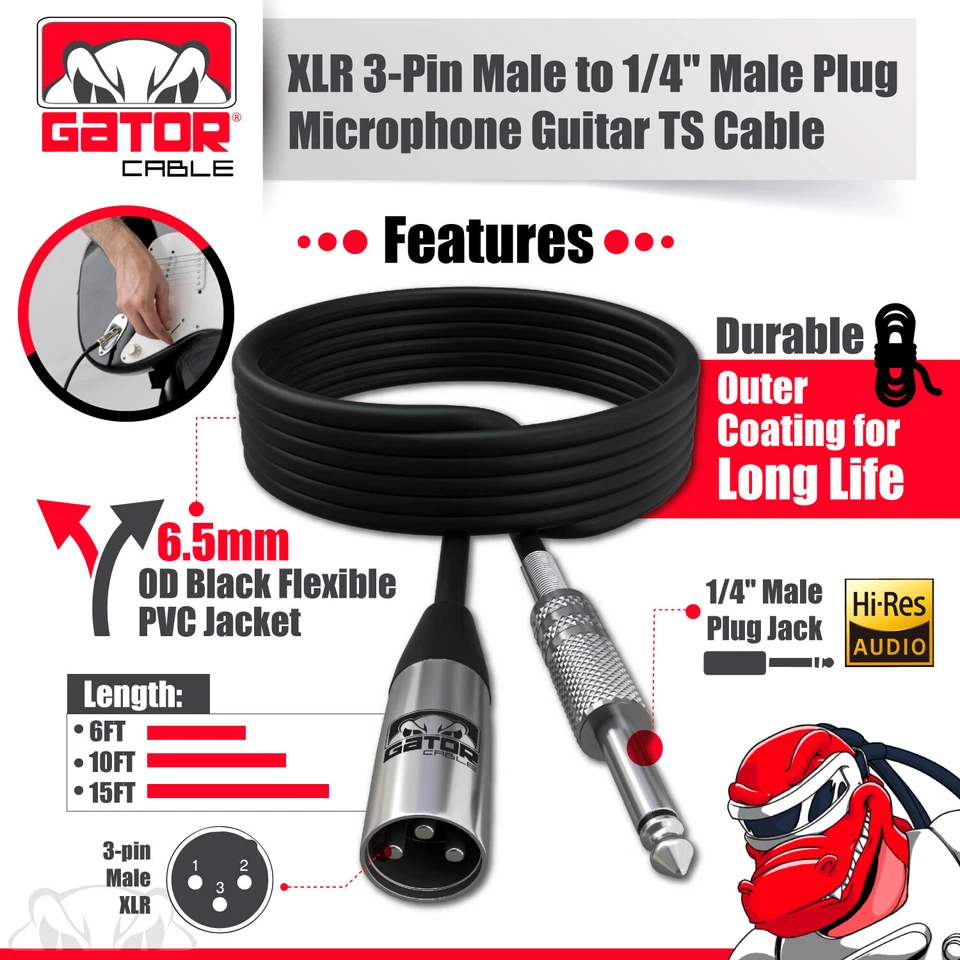 XLR 3-Pin Male to 1/4” TS Mono Cable Unbalanced Shielded Mic Audio Cord Stereo - Image 2 of 4