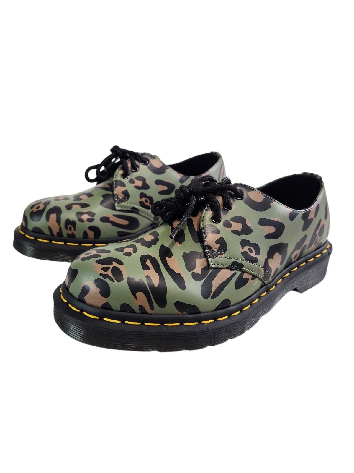 Doc Dr. Martens 27686 Skull Leopard Print Oxfords Green Men's 6, Womens 7 New