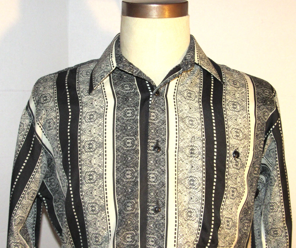 CAMISA MANGA LARGA VINTAGE HOMBRE AÑOS 80 'MILANO BAY' PATRÓN ENCAJE NEGRO! 15/33,5 Foto 4 de 4