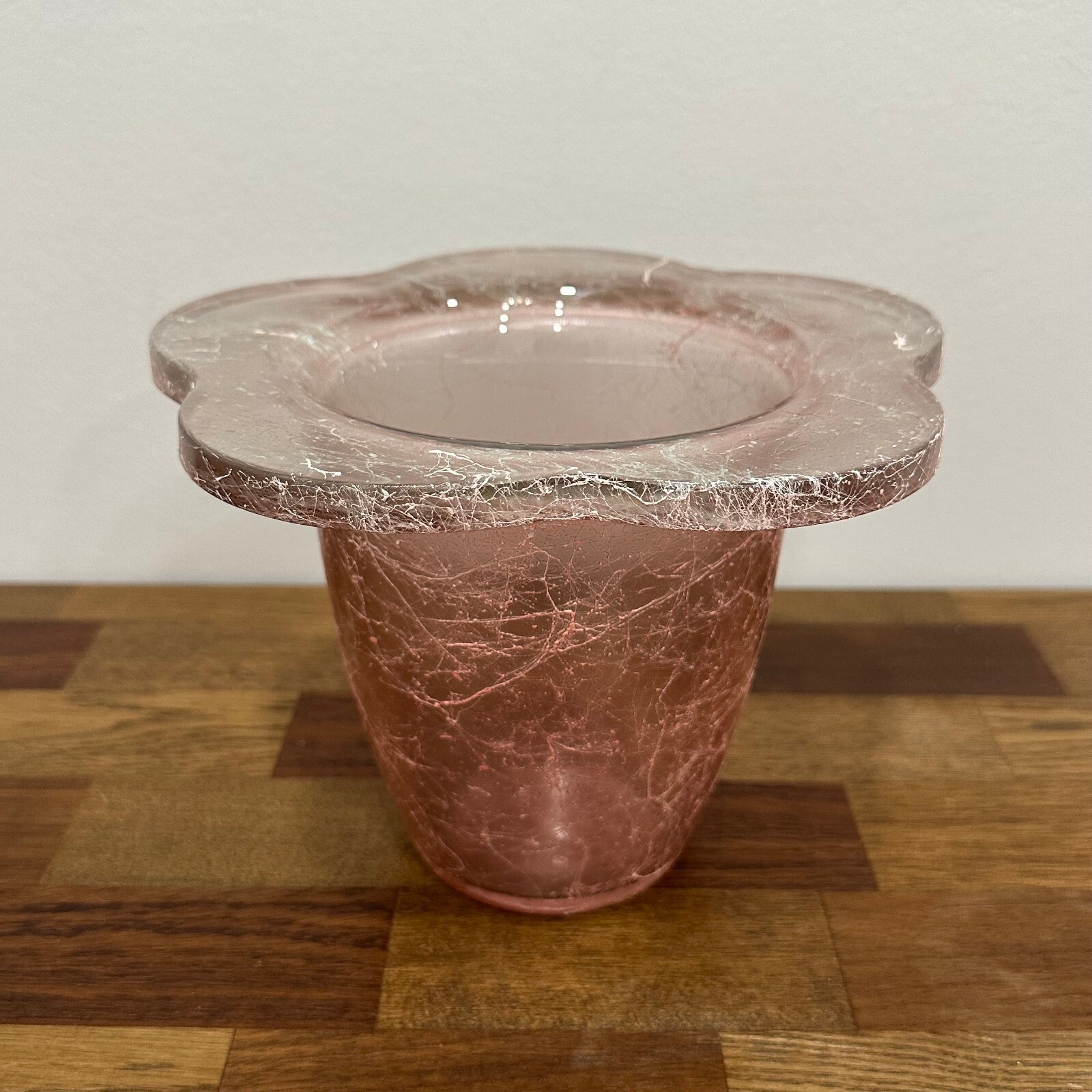 Crackled Pink Threaded Glass Vase 6.5 Inch Tall Floral Bud Vase Decor