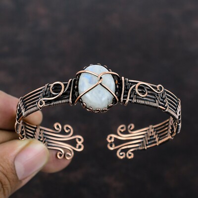 Rainbow Moonstone Wire Wrapped Adjustable Bangle Handcrafted Copper Holiday