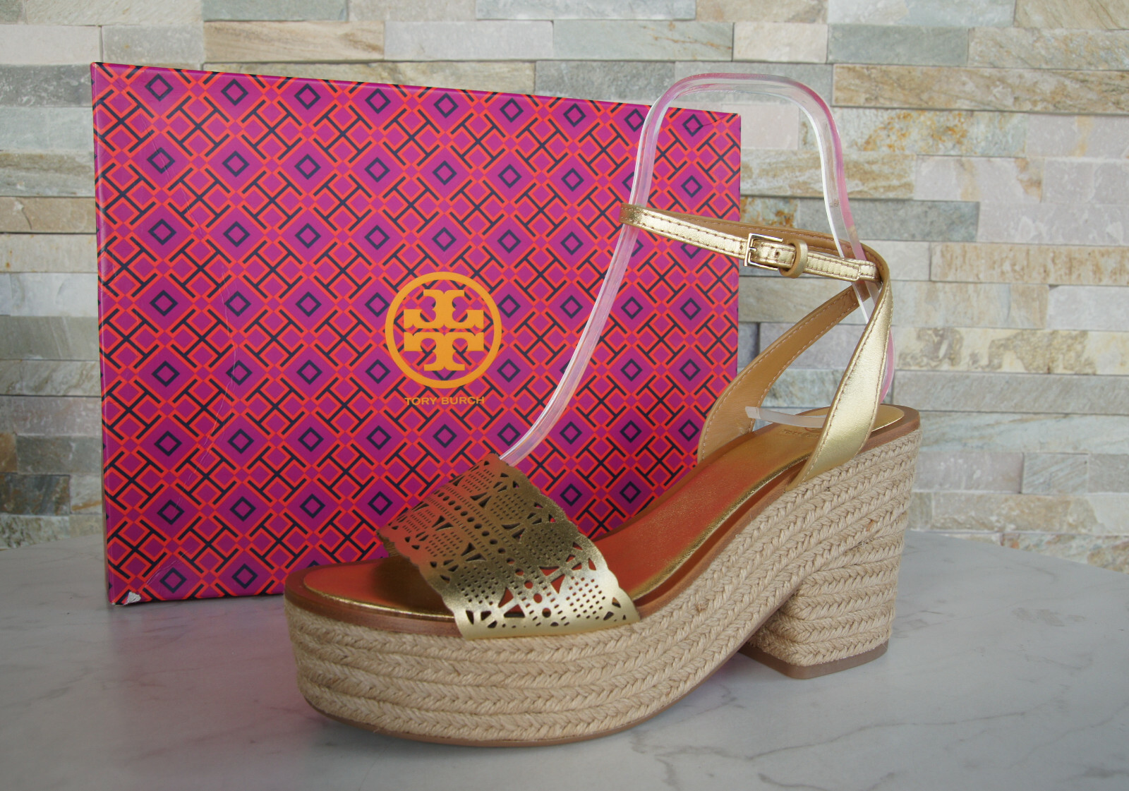 Tory Burch 40,5 US 10 Sandalias con Plataforma Cuñas Zapatos Oro Nuevo Antiguo