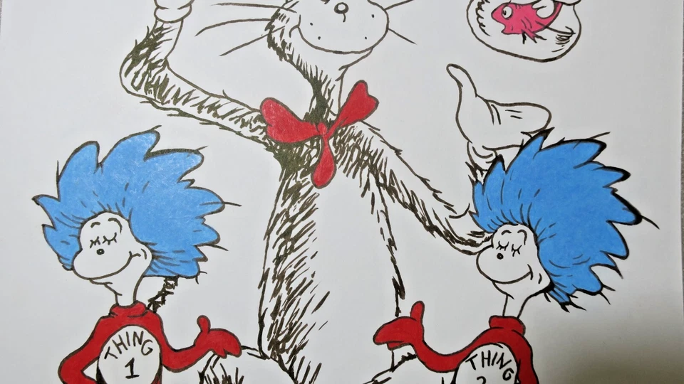 Dr. Seuss Dibujo CATO EN EL SOMBRERO ~ Cosa 1 y Cosa 2 ~ Arte Original Firmado 🏅 Foto 4 de 4