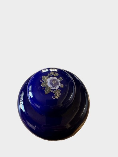 Lidded Ginger Jar Urn Vintage Cobalt Blue & Gold Pheasant & Asian Floral 4.5” - Picture 4 of 16