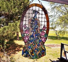 OLD Orig. 26 1/4"L Peacock Stained-Glass Hanging Panel w/ Round CABOCHON Glass