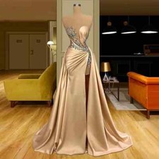 Evening Dress Sexy Illusion Mermaid Prom Applique Beading High Split Party Gowns