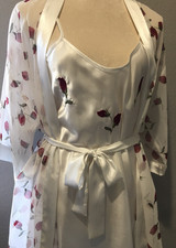 Vtg White Red Rose Satin Nightgown Semi Sheer Robe M