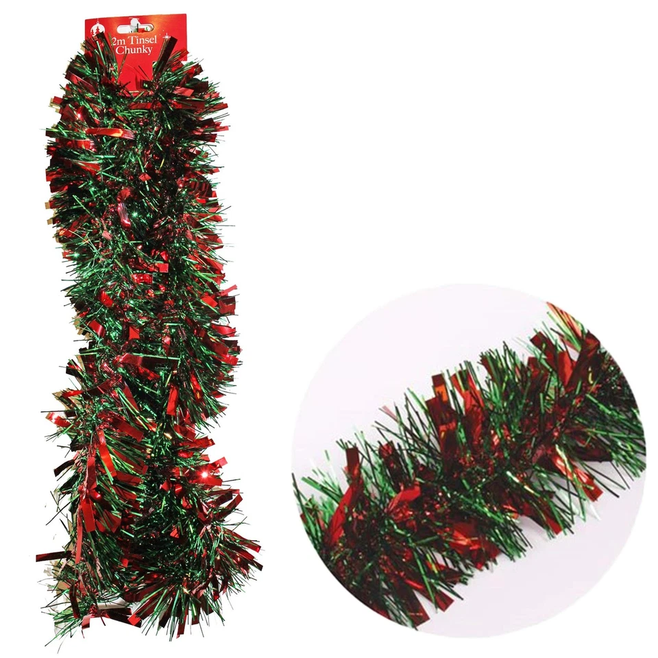 FESTIVE WONDERLAND Christmas Chunky Tinsel 2 Metres Tree Room Decoration - Red and Green