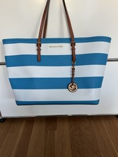 Michael Kors Shopper Tasche Blau Weiß Gestreift Leder/Canvas