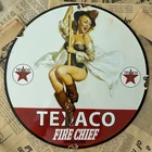 VINTAGE TEXACO FIRE CHIEF GASOLINE PIN-UP 12 INCH PORCELAIN ENAMEL SIGN