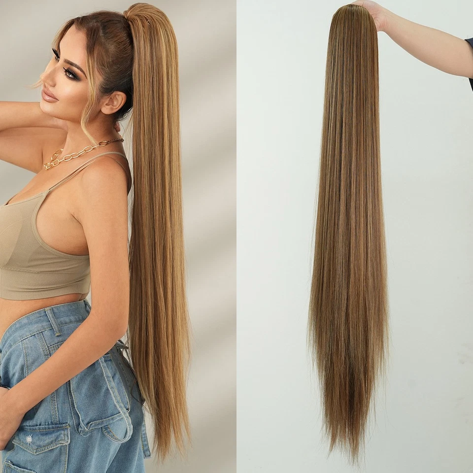 Extra Long Straight Drawstring Ponytail Sleek Synthetic Hair Extension Net Base - Image 2 of 4