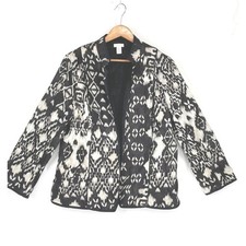 Chico's Women Jacket 3 Open Front Black Tan White Ikat Print Cotton Coat