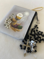 Black Rosary With Wallet Pouch And Chalice Image Gifts for Boy’s Holy Communion
