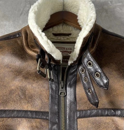 Levi’s Faux Shearling Rancher Aviator Jacket Mens Sz Small Brown Pockets Buckles image 6