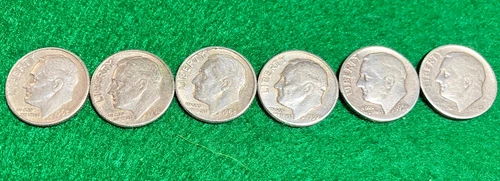 Dimes Silver 6 Roosevelt 1963D 61D 63D 57 56D 47 Good Cond 90% Silver Lot