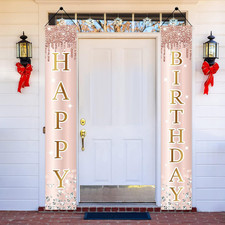 Pink Rose Gold Happy Birthday Door Banner Decorations, Birthday Party Porch Sign