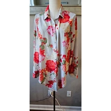 Poppi Mixed Print Floral Pink Red Spring Lightweight Flowy Top Shirt Women Large