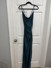 Windsor Teal Cowl Neck Ruched Strappy Side Slit Jersey Maxi Dress Medium