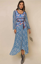New Rixo Harmony Silk-Mix Blue Abstract Wave Midi Dress Sz M PRP: £325
