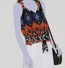 I.n.c. International Concepts Women's Black Printed Tie-Hem Top Size L
