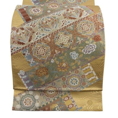 Japanese Kimono Fukuro Excellent bag obi Chinese pattern flower arabesque gold