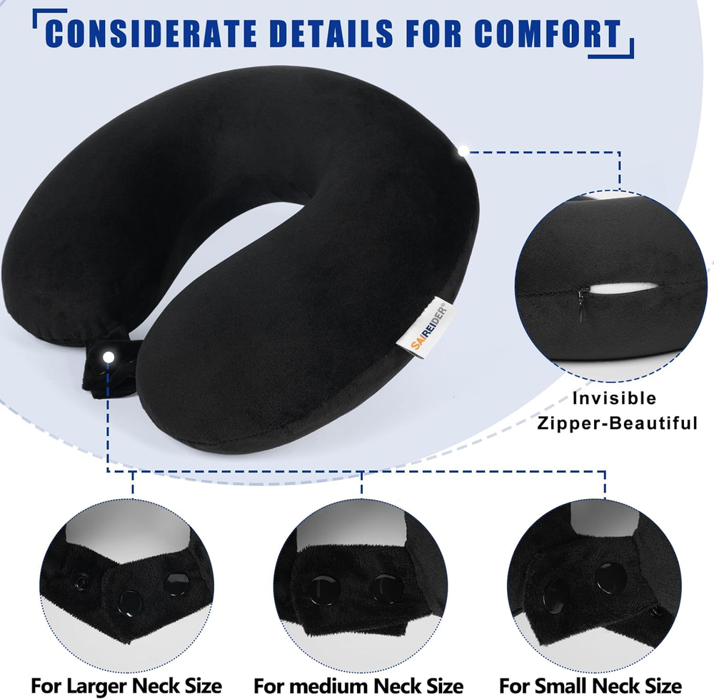 100% Pure Memory Foam Travel Neck Pillow for Airplane Comfort