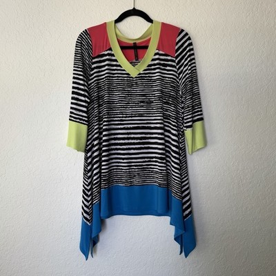 IC By Connie K Tunic Top Size Large Colorful Artsy Shirt Swing Shark Bite V Neck