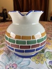 Vintage Pier 1 Hand Painted Ceramic Pitcher Made In Italy Round White Blue