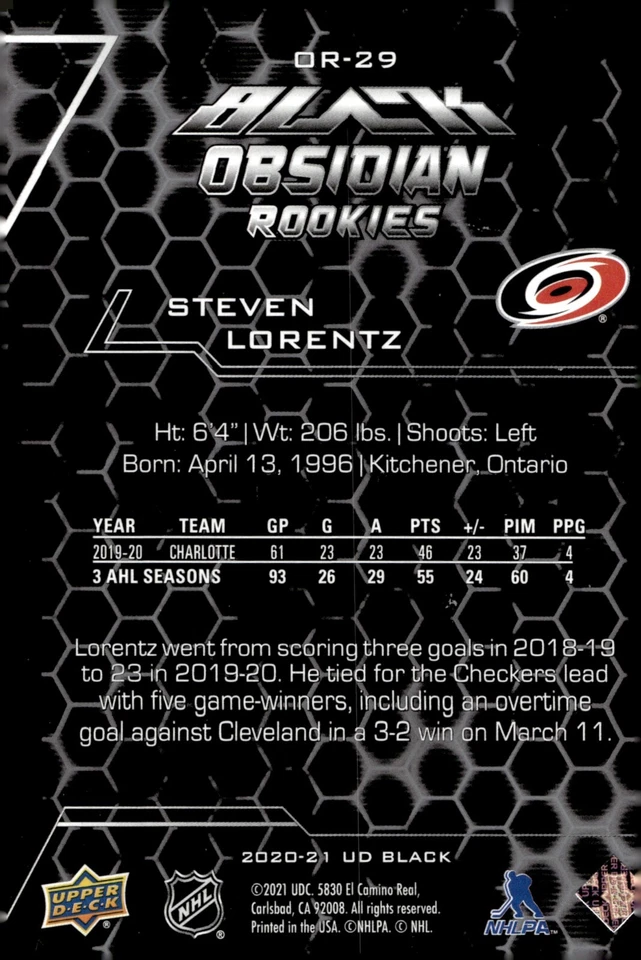 Steven Lorentz - 2020-21 Upper Deck Black Obsidian Rookies /349 Card #OR-29 - Image 2 of 2