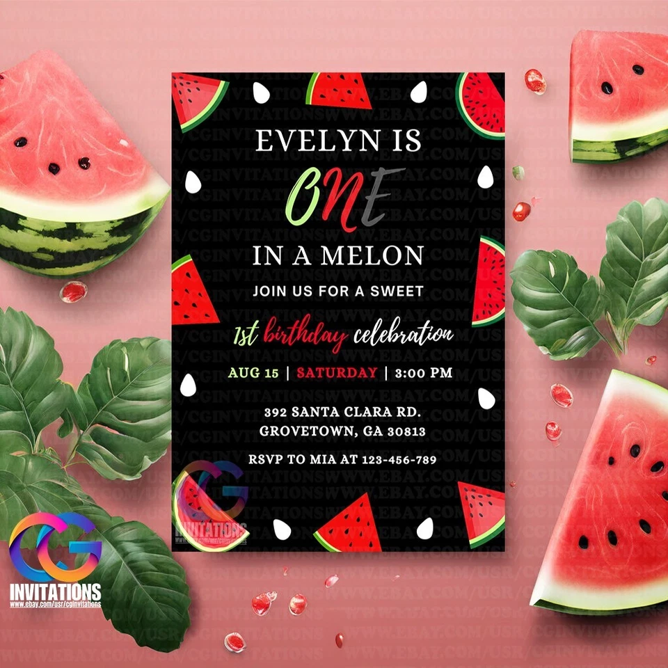 EDITABLE Invitación de Cumpleaños Sandía Blanca y Negra, una en Plantilla de Melón Foto 4 de 4