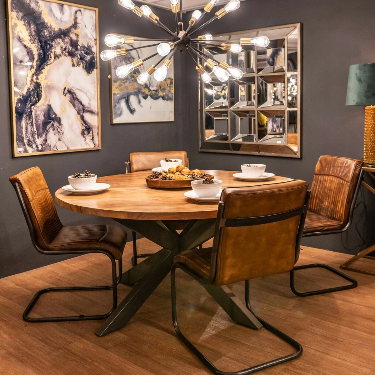 Round Wood Dining Table Handmade Indian Acacia Wood Grey Metal