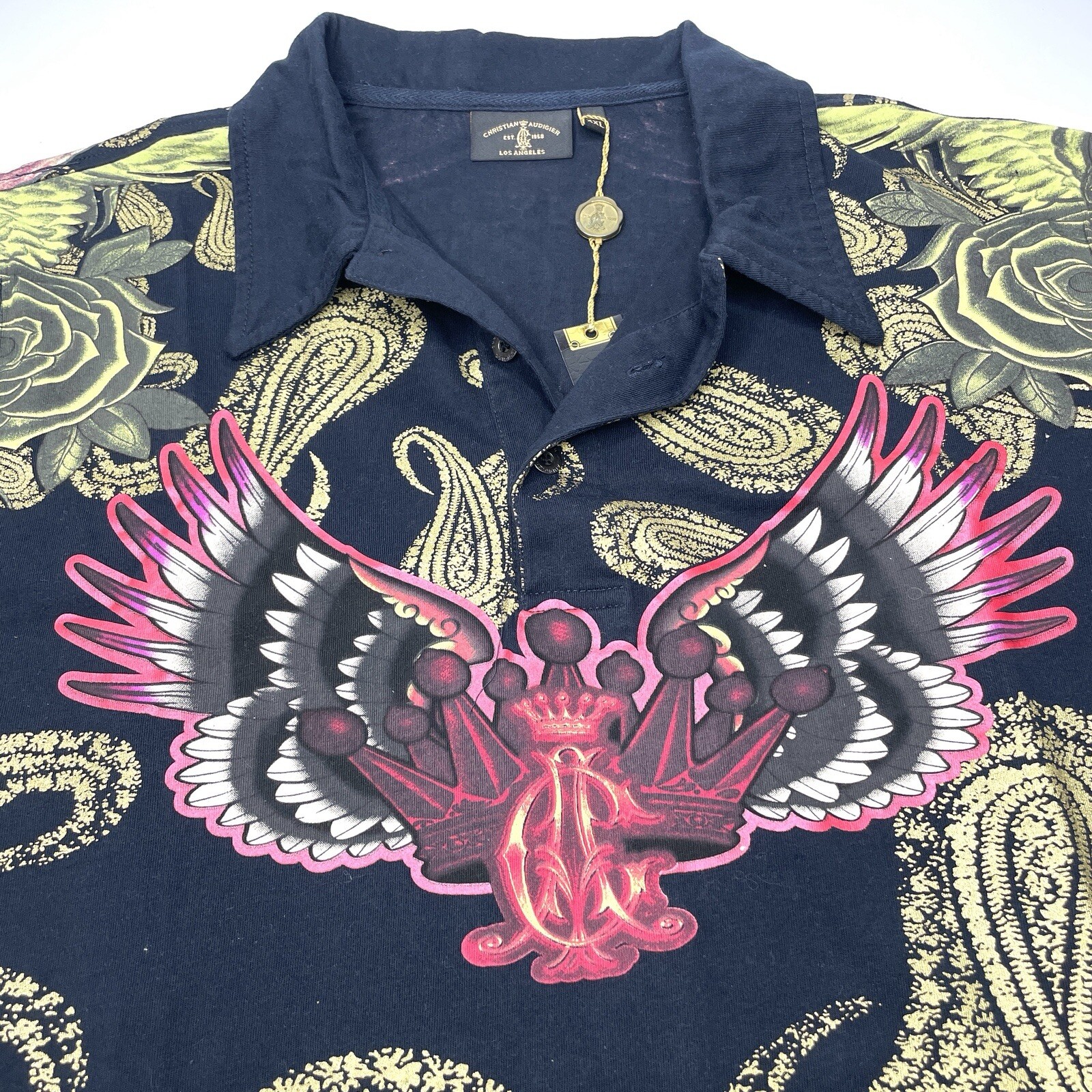 Christian Audigier Los Angeles Divine Ruler Polo  Shirt Black Graphic Print XXL image 4