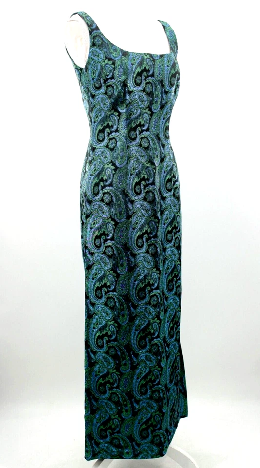 Винтажный женщин 60-х синий, зеленый и черный металлический парчи макси платье Sz M 1960-х платье - Изображение 2 из 4
