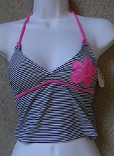 NWT GIRLS SWIM white/blue stripe w pink trim flower swim halter tankini top, 10