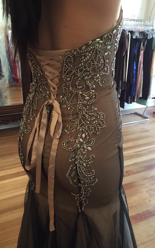 Mermaid Strapless Sweetheart Lace Up Corset Champagne And Black Long Prom  Dress | eBay