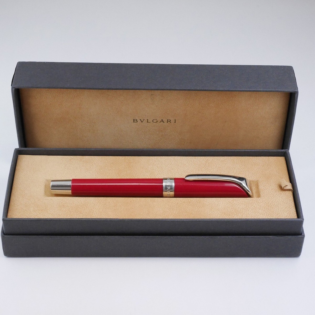 BVLGARI SCRIPTA VOLANT Red and Silver Rollerball Pen (used) + Box