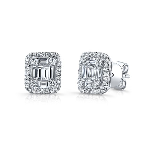 14K White Gold Baguette Diamond Stud Earrings Rectangular Rectangle 0.65 CTW