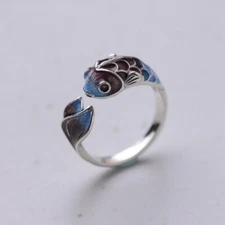 Adjustable 925 sterling silver blue enamel koi wrapped ring declaration fish new