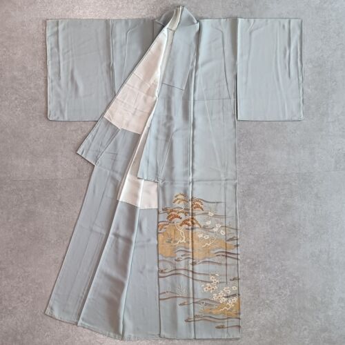 Kimono Robe / Japanese Classy Light Blue Silk Vintage Kimono Jacket 0323250059 - Picture 3 of 24