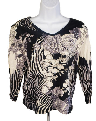 Take Two Clothing Co Shirt Womens Medium Black/ White Floral 3/4 Sleeves Vintage
