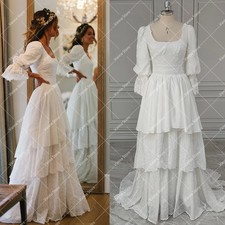 Long Flare Sleeves Cutout Cotton Bridal Gown Boho Tiered Vintage Wedding Dress
