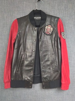 Balmain Paris SS11 Leather Varsity Jacket Christophe Decarin Black/Red Size 38