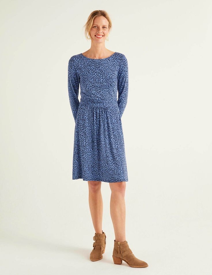 Boden Abigail Women's US 10R Long Sleeve Jersey Dress, Blue Navy Abstract