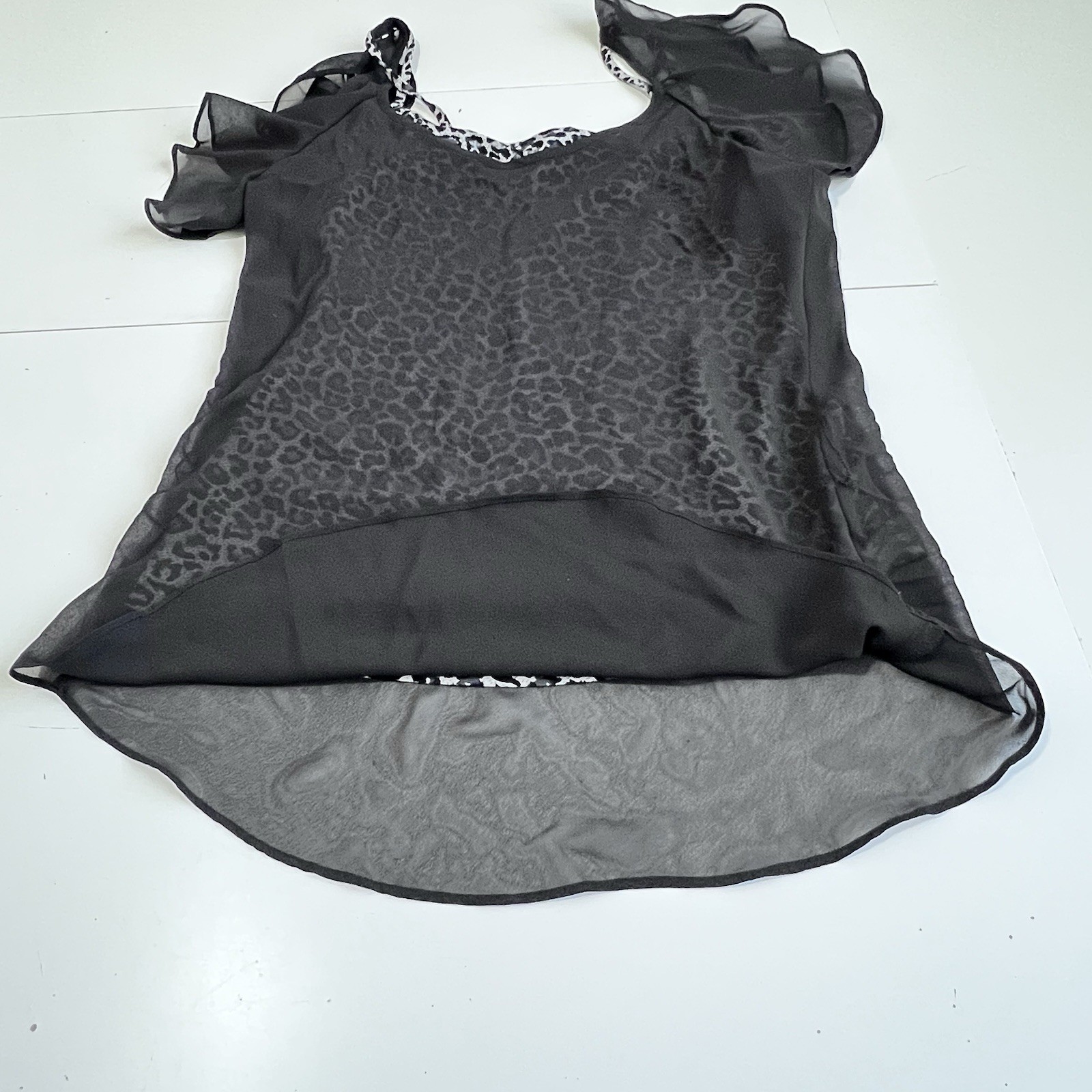 G by Guess Women M Black Ruffle Tunic Top Leopard Mesh Overlay Layered Belt Top