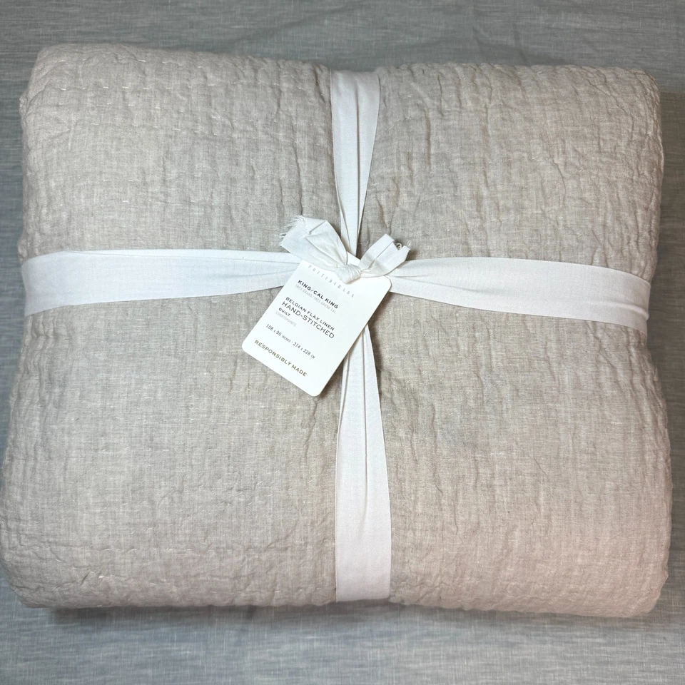 POTTERY BARN BELGIAN FLAX LINEN HANDCRAFTED QUILT, KING/CAL KING ~ FLAX (BEIGE) - Image 2 of 4