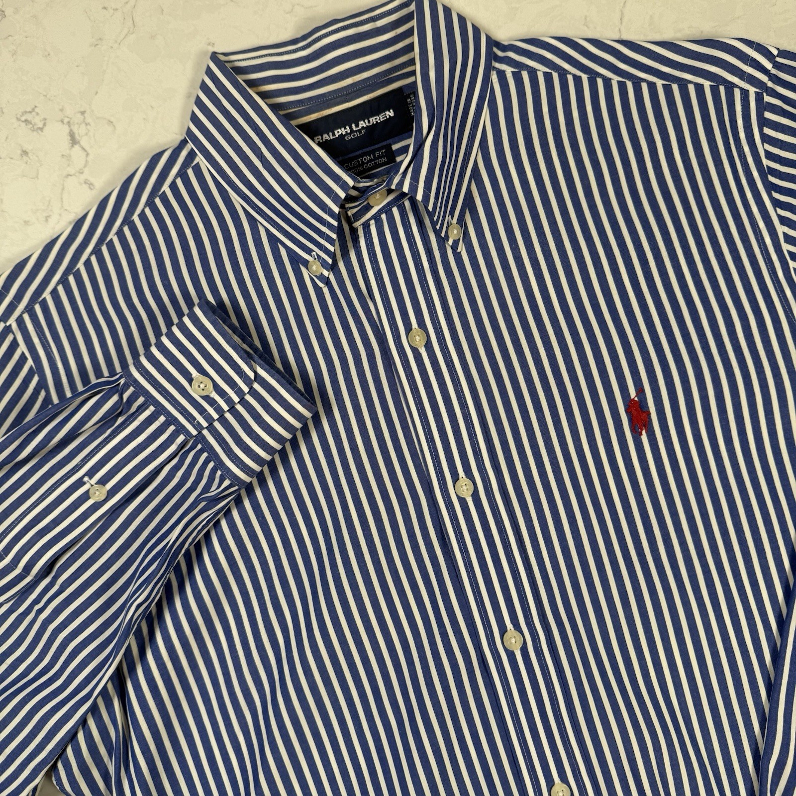 Camicia Ralph Lauren Golf con bottoni uomo blu a righe LS vestibilità personalizzata rosso pony med