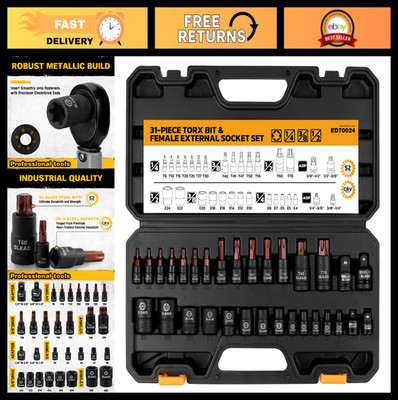 31-Piece Torx Bit Socket Set - 14 Star Bits T8-T70 & 13 E-Torx Sockets E4-E24, C